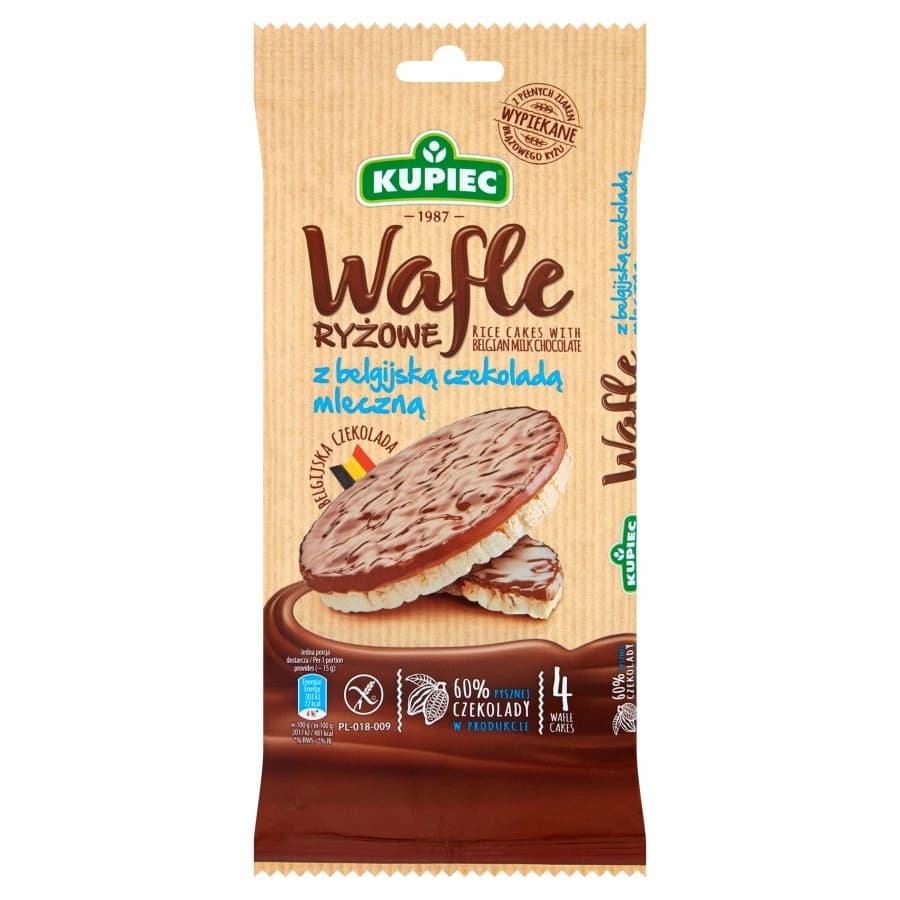 KUPIEC Wafle ryzowe z belgijska czekolada mleczna bezglutenowe. 83,17 zl/kg